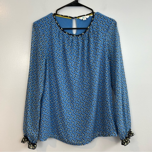 Boden Blue Floral Long sleeve Chiffon Ruffle Blouse Size 2 - Picture 4 of 13